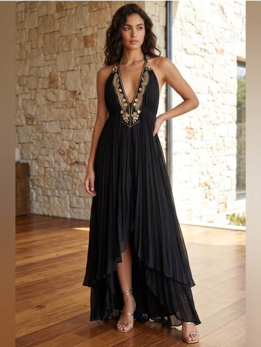 VENUS Black Dress with Gold Embellishments